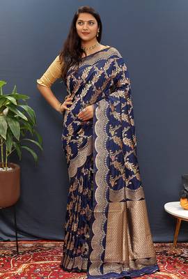 Navy blue banarasi silk blend saree with gold zari floral weaving & rich pallu 1
