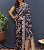 Navy blue banarasi silk blend saree with gold zari floral weaving & rich pallu