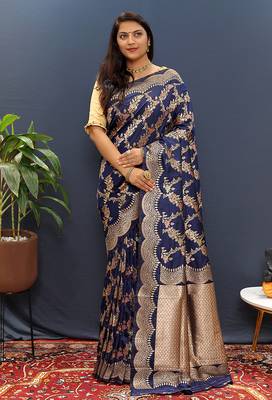 Navy blue banarasi silk blend saree with gold zari floral weaving & rich pallu 2