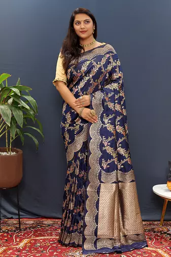 Navy blue banarasi silk blend saree with gold zari floral weaving & rich pallu