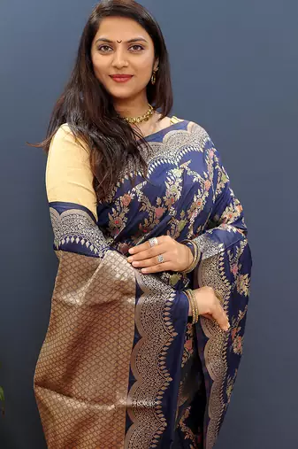 Navy blue banarasi silk blend saree with gold zari floral weaving & rich pallu