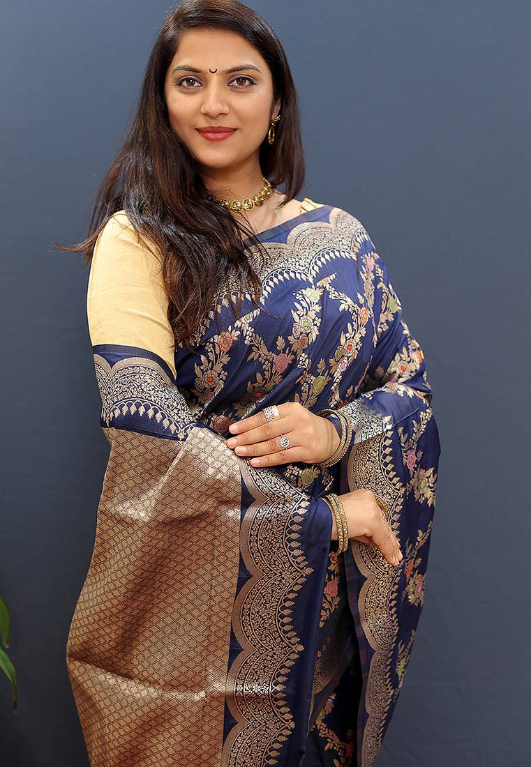 Navy blue banarasi silk blend saree with gold zari floral weaving & rich pallu