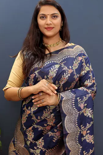 Navy blue banarasi silk blend saree with gold zari floral weaving & rich pallu