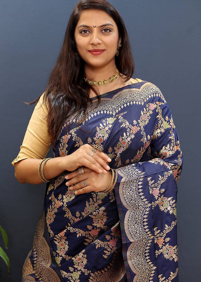 Navy blue banarasi silk blend saree with gold zari floral weaving & rich pallu