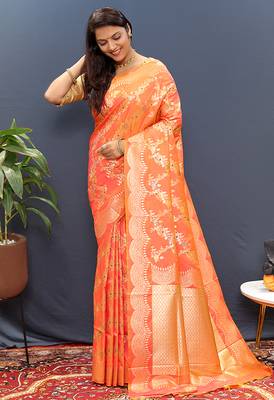 Peach banarasi silk blend saree with gold zari floral weaving & rich pallu 1