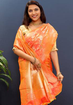 Peach banarasi silk blend saree with gold zari floral weaving & rich pallu 3