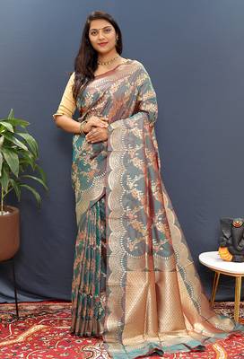 Grey banarasi silk blend saree with gold zari floral weaving & rich pallu 1