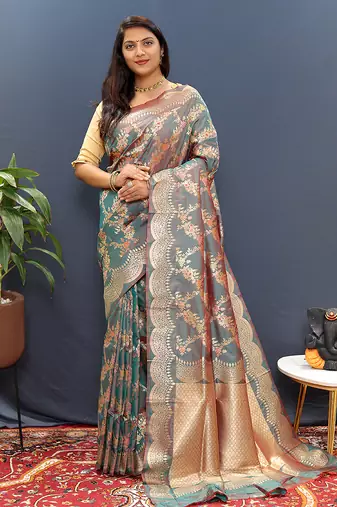 Grey banarasi silk blend saree with gold zari floral weaving & rich pallu