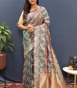 Grey banarasi silk blend saree with gold zari floral weaving & rich pallu