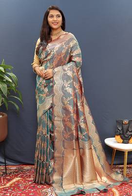 Grey banarasi silk blend saree with gold zari floral weaving & rich pallu 2