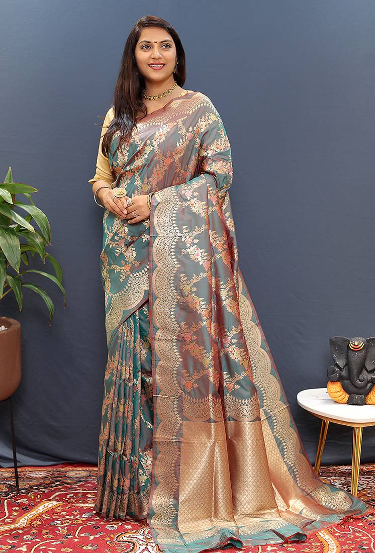 Grey banarasi silk blend saree with gold zari floral weaving & rich pallu