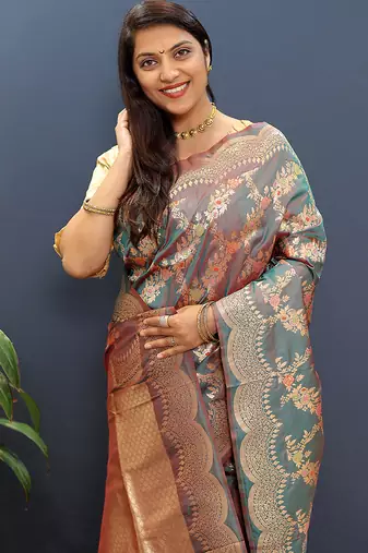 Grey banarasi silk blend saree with gold zari floral weaving & rich pallu