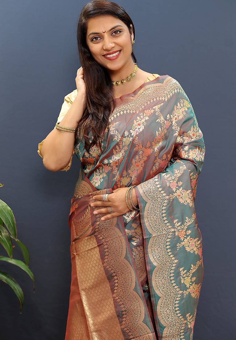 Grey banarasi silk blend saree with gold zari floral weaving & rich pallu