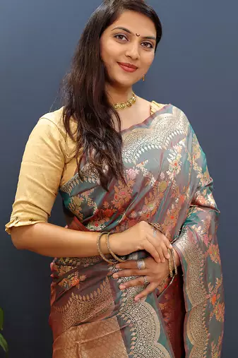 Grey banarasi silk blend saree with gold zari floral weaving & rich pallu