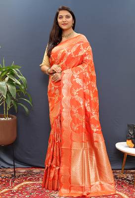 Orange banarasi silk blend saree with gold zari floral weaving & rich pallu 1