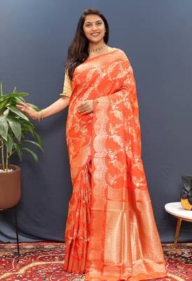Orange banarasi silk blend saree with gold zari floral weaving & rich pallu 2