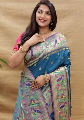 Teal blue paithani silk blend saree with peacock floral border & rani pink blouse 4
