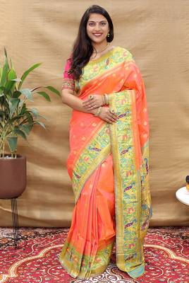 Peach paithani silk blend saree with peacock floral border & rani pink blouse 1