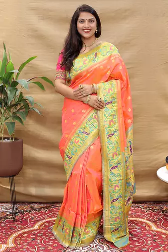 Peach paithani silk blend saree with peacock floral border & rani pink blouse