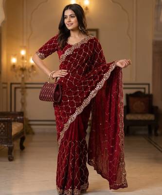 maroon Color Beeds Work Silk Blend Saree 1