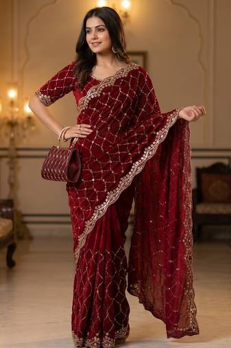 maroon Color Beeds Work Silk Blend Saree