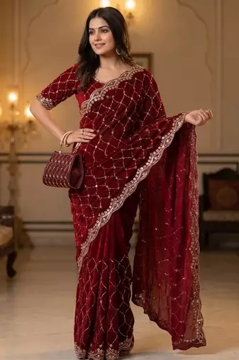 maroon Color Beeds Work Silk Blend Saree