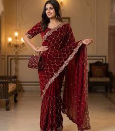 maroon Color Beeds Work Silk Blend Saree