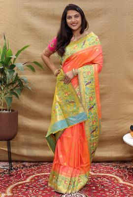Peach paithani silk blend saree with peacock floral border & rani pink blouse 2