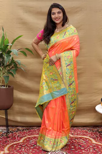 Peach paithani silk blend saree with peacock floral border & rani pink blouse