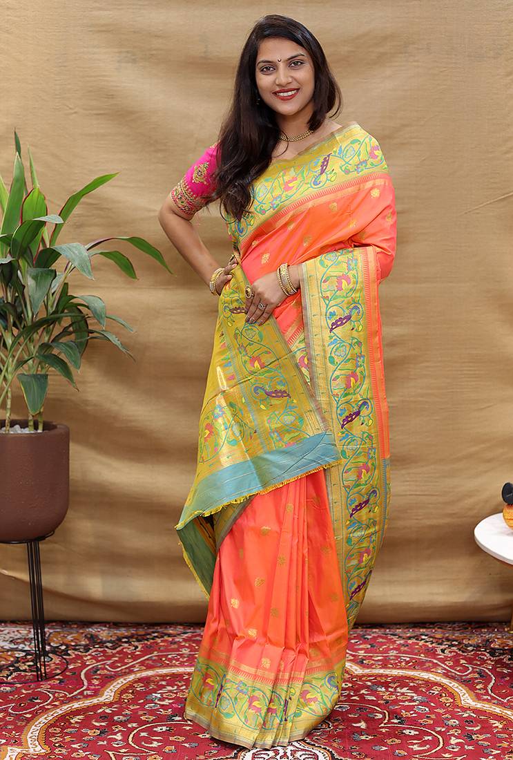 Peach paithani silk blend saree with peacock floral border & rani pink blouse