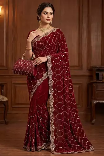 maroon Color Beeds Work Silk Blend Saree
