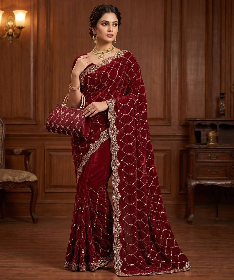maroon Color Beeds Work Silk Blend Saree