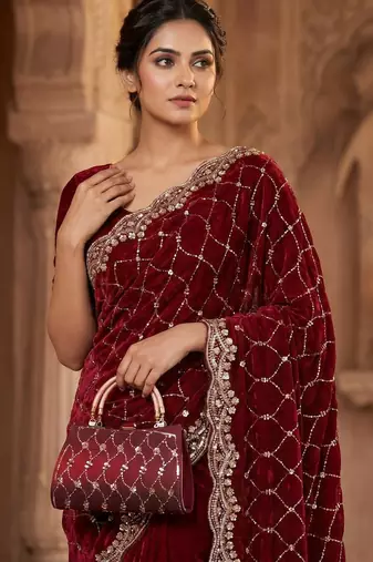 maroon Color Beeds Work Silk Blend Saree