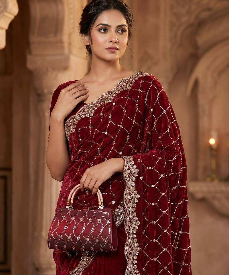maroon Color Beeds Work Silk Blend Saree