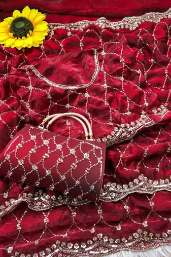maroon Color Beeds Work Silk Blend Saree