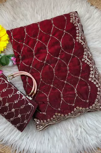maroon Color Beeds Work Silk Blend Saree