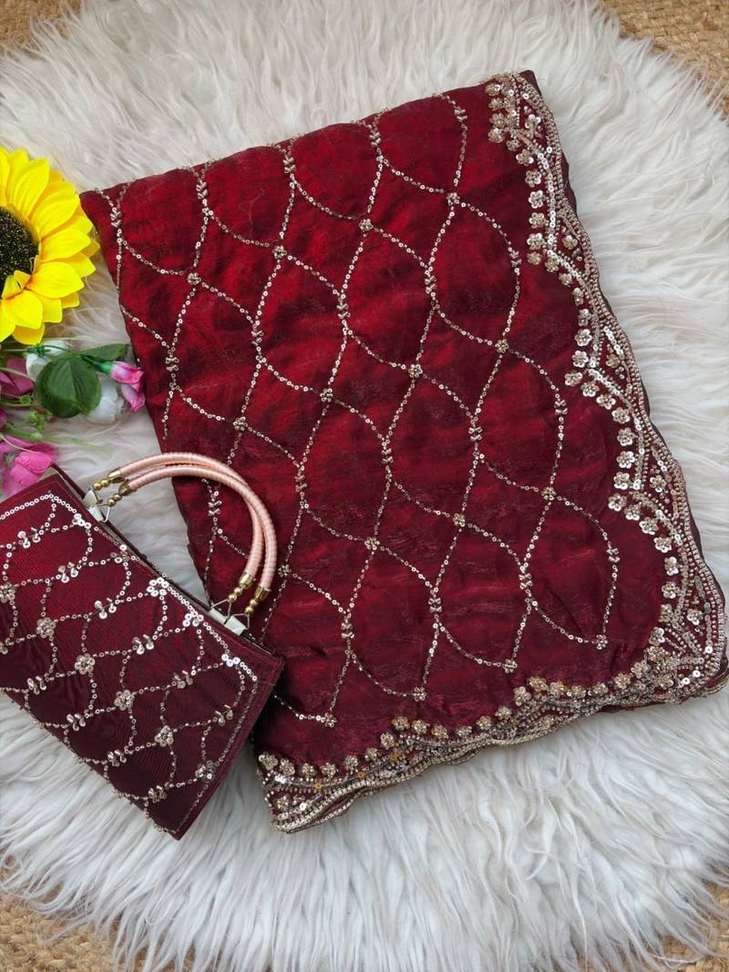 maroon Color Beeds Work Silk Blend Saree