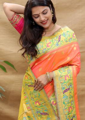 Peach paithani silk blend saree with peacock floral border & rani pink blouse 3