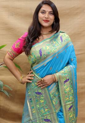 Aqua blue paithani silk blend saree with peacock floral border & rani pink blouse 3