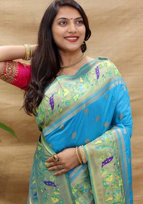 Aqua blue paithani silk blend saree with peacock floral border & rani pink blouse 4