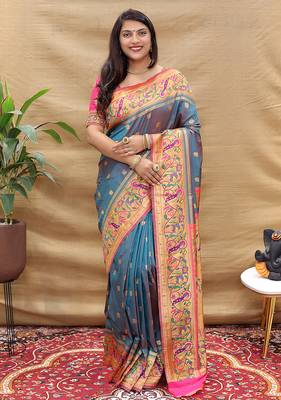 Steel grey paithani silk blend saree with peacock floral border & rani pink blouse 1