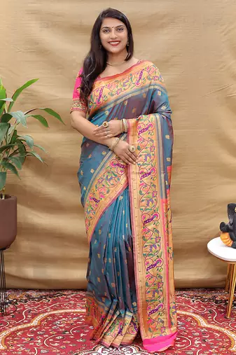 Steel grey paithani silk blend saree with peacock floral border & rani pink blouse