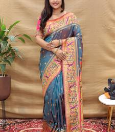 Steel grey paithani silk blend saree with peacock floral border & rani pink blouse