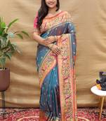 Steel grey paithani silk blend saree with peacock floral border & rani pink blouse