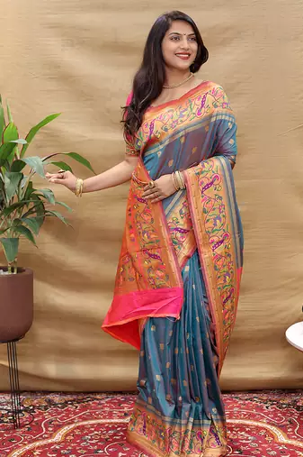 Steel grey paithani silk blend saree with peacock floral border & rani pink blouse