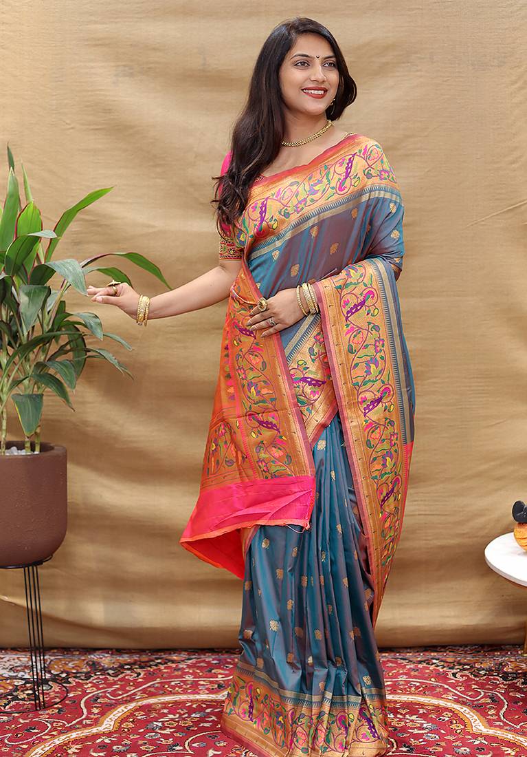 Steel grey paithani silk blend saree with peacock floral border & rani pink blouse