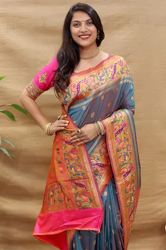 Steel grey paithani silk blend saree with peacock floral border & rani pink blouse