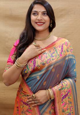 Steel grey paithani silk blend saree with peacock floral border & rani pink blouse 4