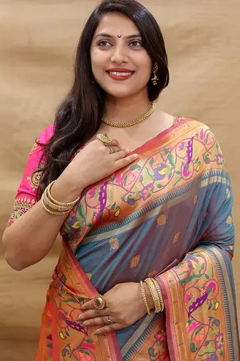 Steel grey paithani silk blend saree with peacock floral border & rani pink blouse