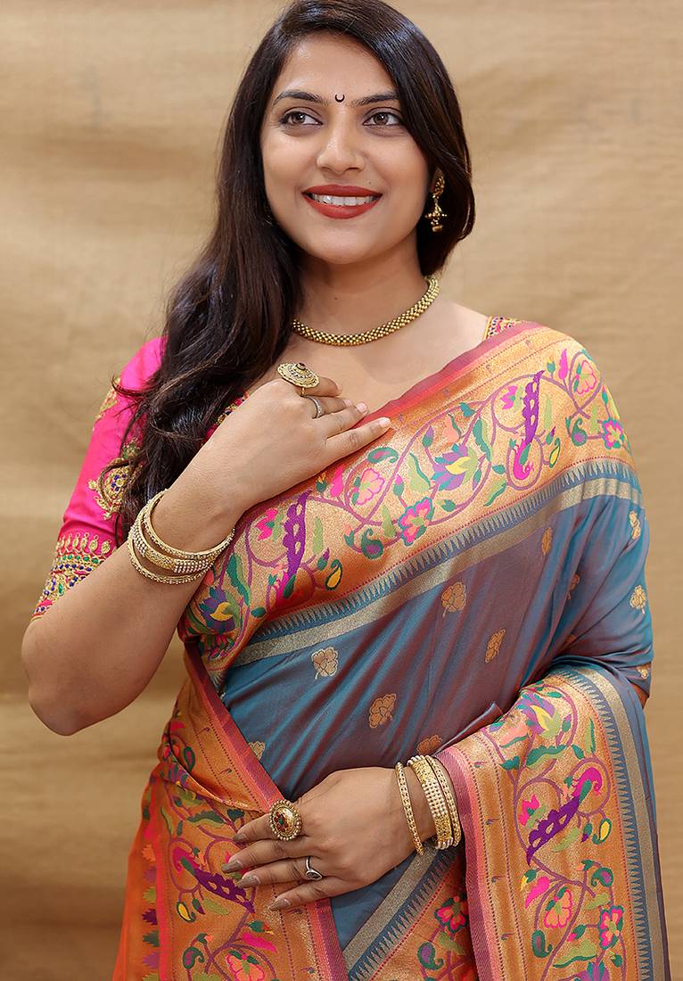 Steel grey paithani silk blend saree with peacock floral border & rani pink blouse